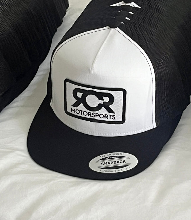 BLACK / WHITE / BLACK RCR Motorsports Flat Bill Snapback HAT